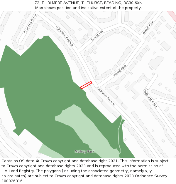 72, THIRLMERE AVENUE, TILEHURST, READING, RG30 6XN: Location map and indicative extent of plot