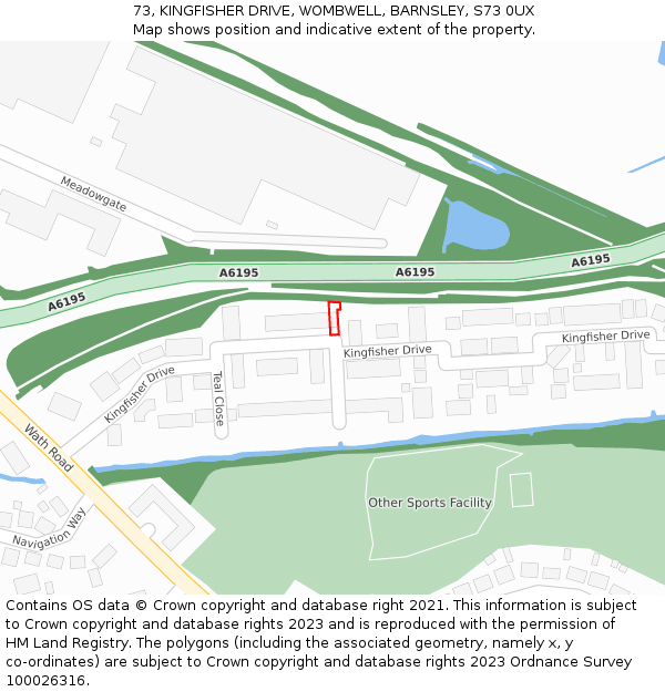 73, KINGFISHER DRIVE, WOMBWELL, BARNSLEY, S73 0UX: Location map and indicative extent of plot