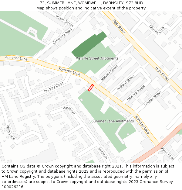 73, SUMMER LANE, WOMBWELL, BARNSLEY, S73 8HD: Location map and indicative extent of plot