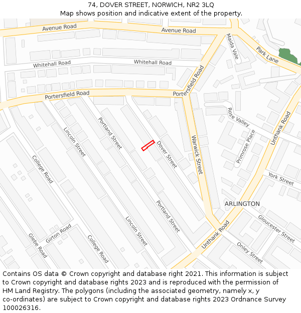74, DOVER STREET, NORWICH, NR2 3LQ: Location map and indicative extent of plot