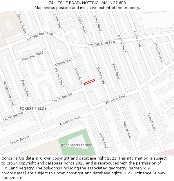 74, LESLIE ROAD, NOTTINGHAM, NG7 6PR: Location map and indicative extent of plot