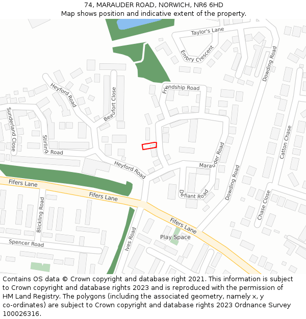 74, MARAUDER ROAD, NORWICH, NR6 6HD: Location map and indicative extent of plot