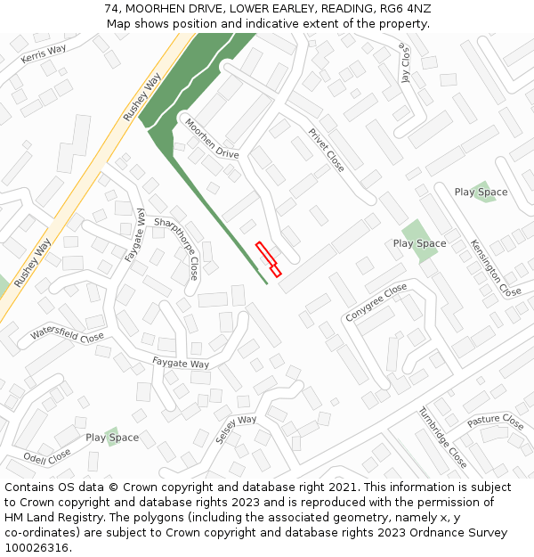74, MOORHEN DRIVE, LOWER EARLEY, READING, RG6 4NZ: Location map and indicative extent of plot