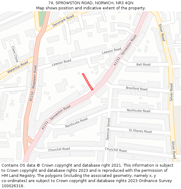 74, SPROWSTON ROAD, NORWICH, NR3 4QN: Location map and indicative extent of plot