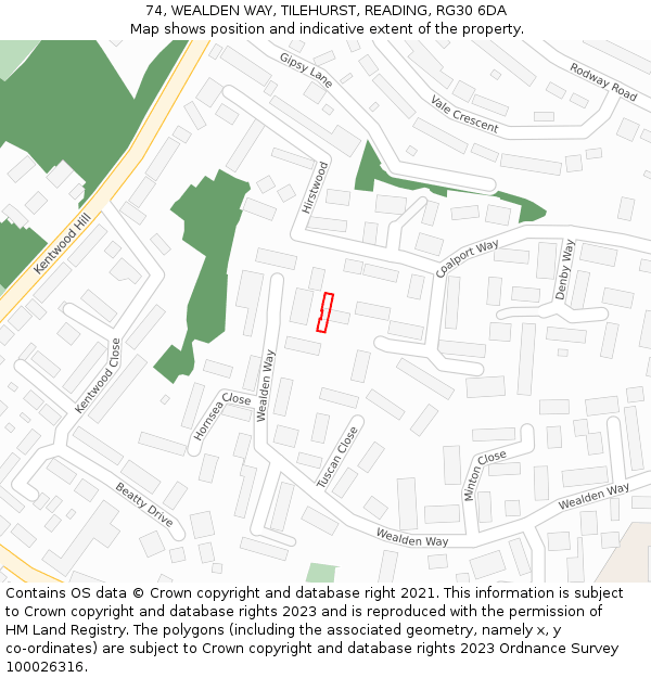 74, WEALDEN WAY, TILEHURST, READING, RG30 6DA: Location map and indicative extent of plot