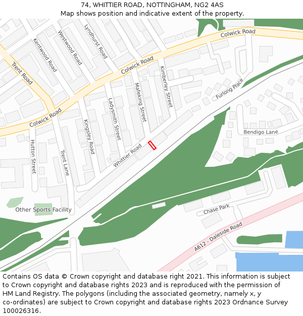 74, WHITTIER ROAD, NOTTINGHAM, NG2 4AS: Location map and indicative extent of plot
