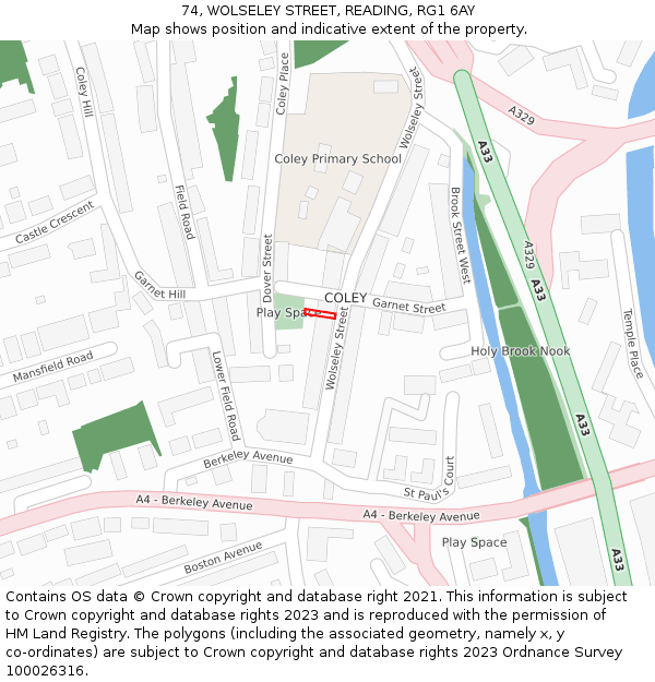 74, WOLSELEY STREET, READING, RG1 6AY: Location map and indicative extent of plot