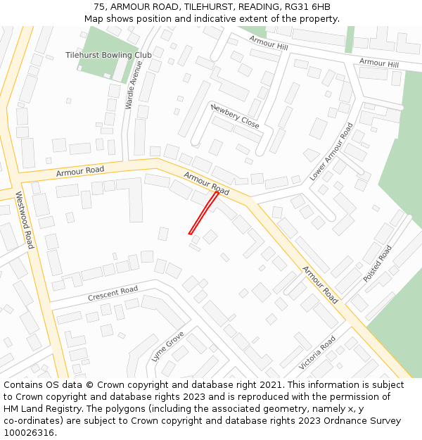 75, ARMOUR ROAD, TILEHURST, READING, RG31 6HB: Location map and indicative extent of plot