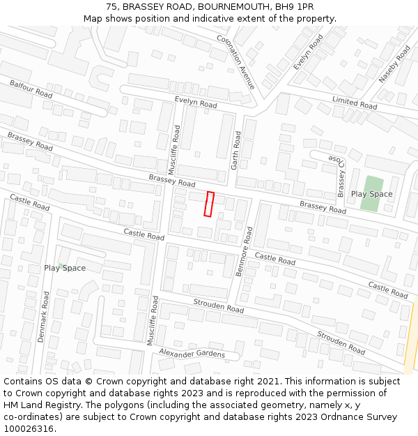 75, BRASSEY ROAD, BOURNEMOUTH, BH9 1PR: Location map and indicative extent of plot