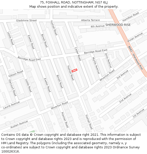 75, FOXHALL ROAD, NOTTINGHAM, NG7 6LJ: Location map and indicative extent of plot