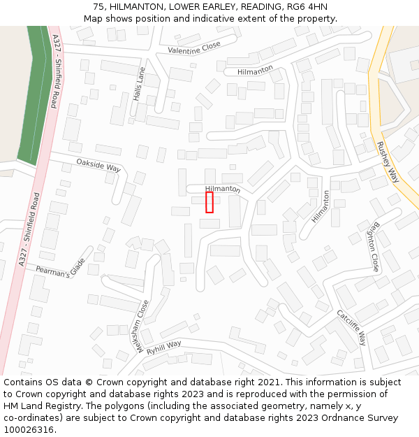 75, HILMANTON, LOWER EARLEY, READING, RG6 4HN: Location map and indicative extent of plot