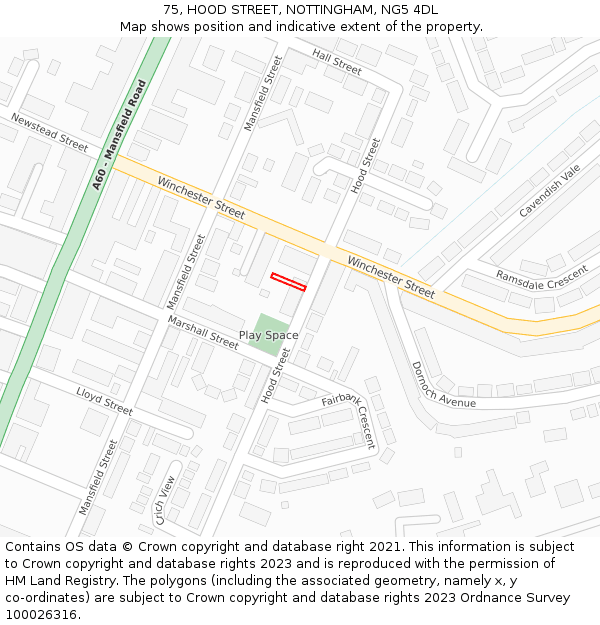 75, HOOD STREET, NOTTINGHAM, NG5 4DL: Location map and indicative extent of plot