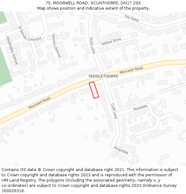 75, MOORWELL ROAD, SCUNTHORPE, DN17 2SX: Location map and indicative extent of plot