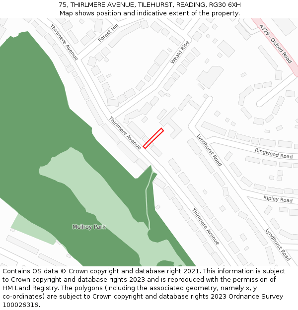 75, THIRLMERE AVENUE, TILEHURST, READING, RG30 6XH: Location map and indicative extent of plot