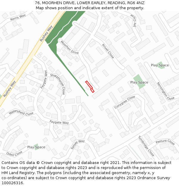 76, MOORHEN DRIVE, LOWER EARLEY, READING, RG6 4NZ: Location map and indicative extent of plot