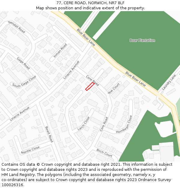 77, CERE ROAD, NORWICH, NR7 8LF: Location map and indicative extent of plot