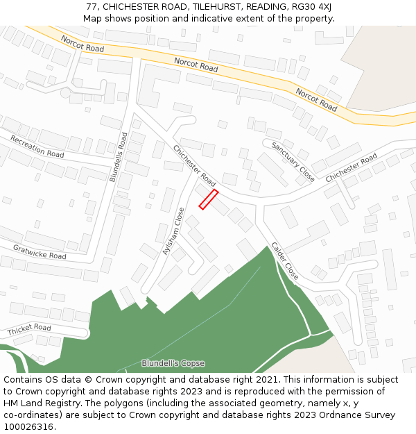 77, CHICHESTER ROAD, TILEHURST, READING, RG30 4XJ: Location map and indicative extent of plot