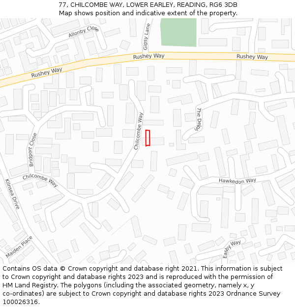 77, CHILCOMBE WAY, LOWER EARLEY, READING, RG6 3DB: Location map and indicative extent of plot
