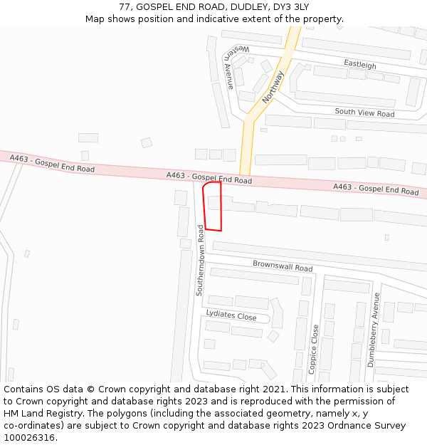 77, GOSPEL END ROAD, DUDLEY, DY3 3LY: Location map and indicative extent of plot