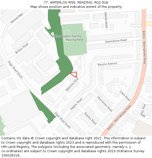 77, WATERLOO RISE, READING, RG2 0LW: Location map and indicative extent of plot