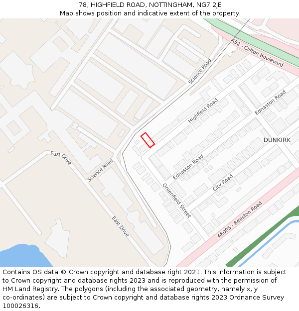 78, HIGHFIELD ROAD, NOTTINGHAM, NG7 2JE: Location map and indicative extent of plot