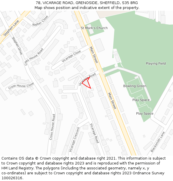 78, VICARAGE ROAD, GRENOSIDE, SHEFFIELD, S35 8RG: Location map and indicative extent of plot