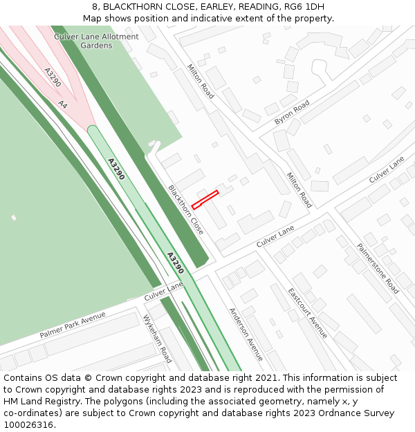 8, BLACKTHORN CLOSE, EARLEY, READING, RG6 1DH: Location map and indicative extent of plot