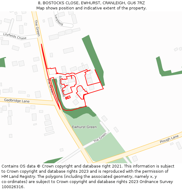 8, BOSTOCKS CLOSE, EWHURST, CRANLEIGH, GU6 7RZ: Location map and indicative extent of plot