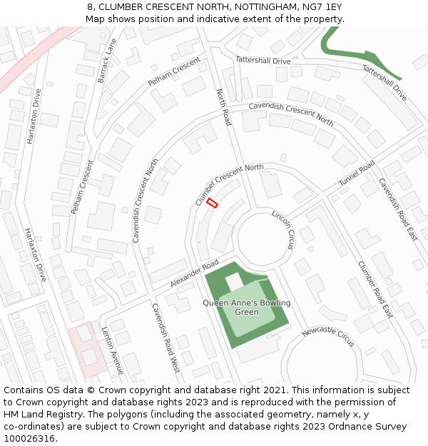 8, CLUMBER CRESCENT NORTH, NOTTINGHAM, NG7 1EY: Location map and indicative extent of plot