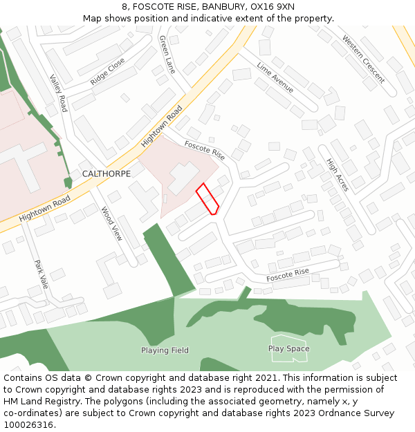 8, FOSCOTE RISE, BANBURY, OX16 9XN: Location map and indicative extent of plot
