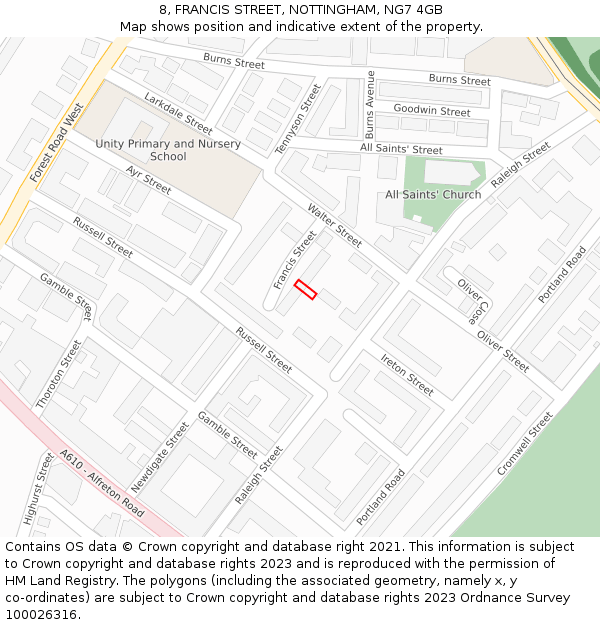 8, FRANCIS STREET, NOTTINGHAM, NG7 4GB: Location map and indicative extent of plot