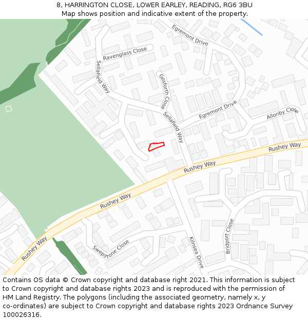 8, HARRINGTON CLOSE, LOWER EARLEY, READING, RG6 3BU: Location map and indicative extent of plot