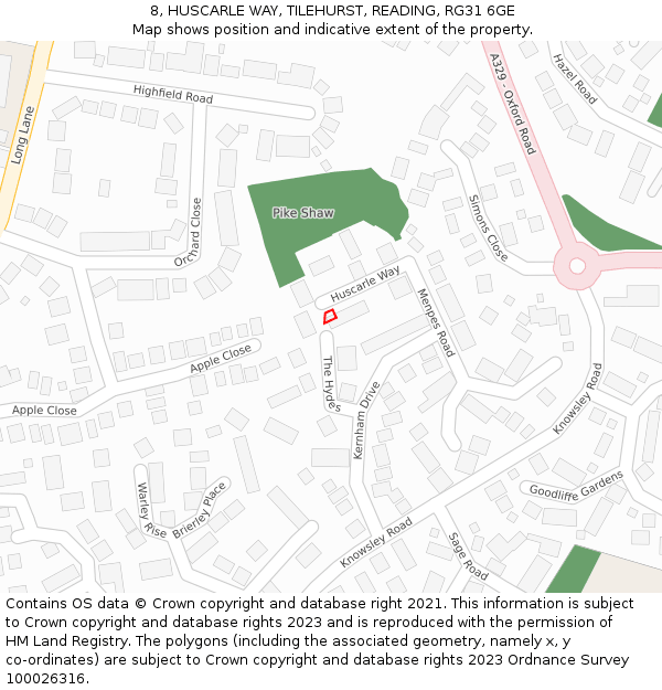 8, HUSCARLE WAY, TILEHURST, READING, RG31 6GE: Location map and indicative extent of plot