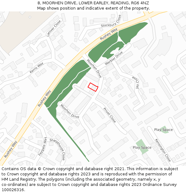 8, MOORHEN DRIVE, LOWER EARLEY, READING, RG6 4NZ: Location map and indicative extent of plot