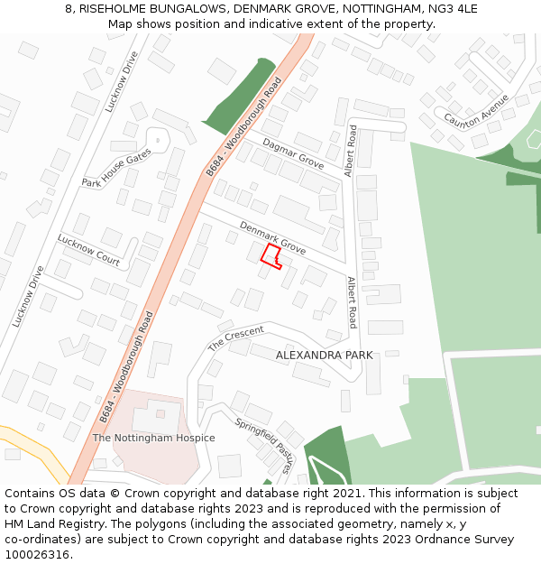 8, RISEHOLME BUNGALOWS, DENMARK GROVE, NOTTINGHAM, NG3 4LE: Location map and indicative extent of plot