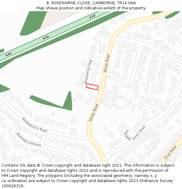 8, ROSEWARNE CLOSE, CAMBORNE, TR14 0AA: Location map and indicative extent of plot