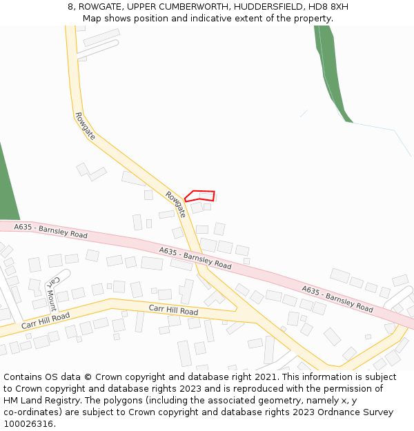 8, ROWGATE, UPPER CUMBERWORTH, HUDDERSFIELD, HD8 8XH: Location map and indicative extent of plot