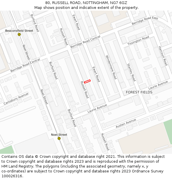80, RUSSELL ROAD, NOTTINGHAM, NG7 6GZ: Location map and indicative extent of plot