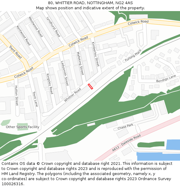 80, WHITTIER ROAD, NOTTINGHAM, NG2 4AS: Location map and indicative extent of plot