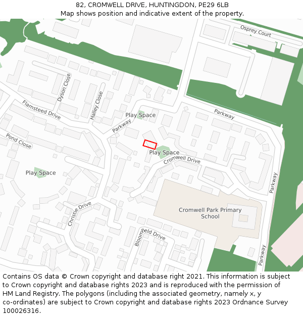 82, CROMWELL DRIVE, HUNTINGDON, PE29 6LB: Location map and indicative extent of plot