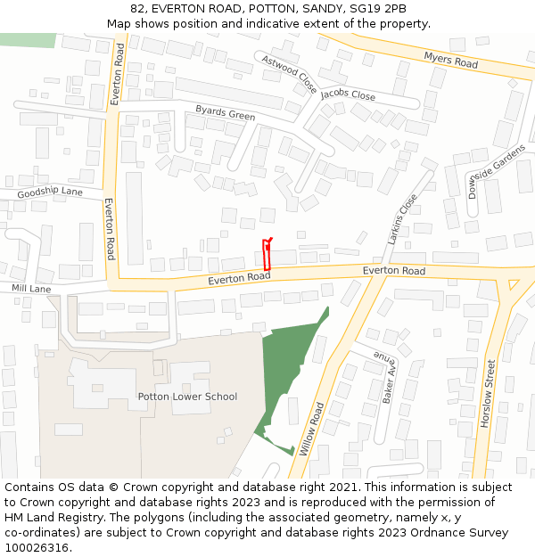 82, EVERTON ROAD, POTTON, SANDY, SG19 2PB: Location map and indicative extent of plot
