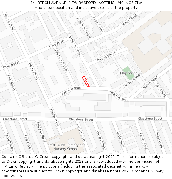 84, BEECH AVENUE, NEW BASFORD, NOTTINGHAM, NG7 7LW: Location map and indicative extent of plot