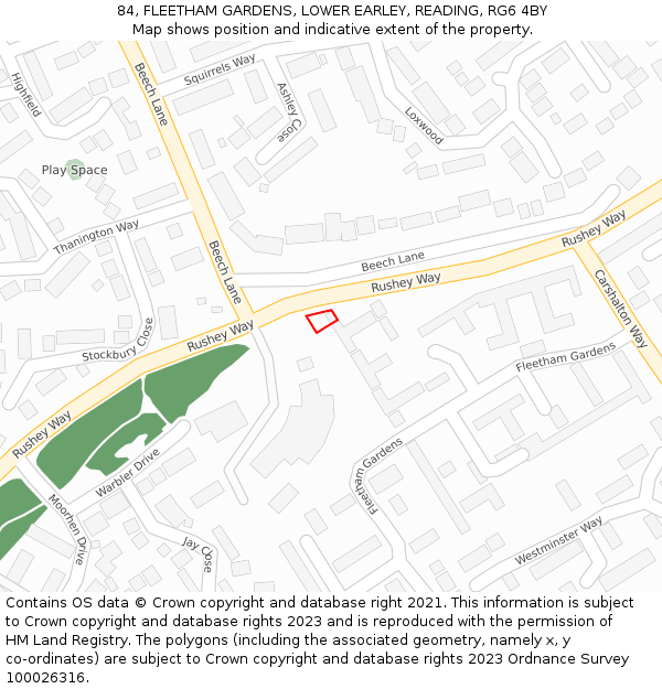 84, FLEETHAM GARDENS, LOWER EARLEY, READING, RG6 4BY: Location map and indicative extent of plot