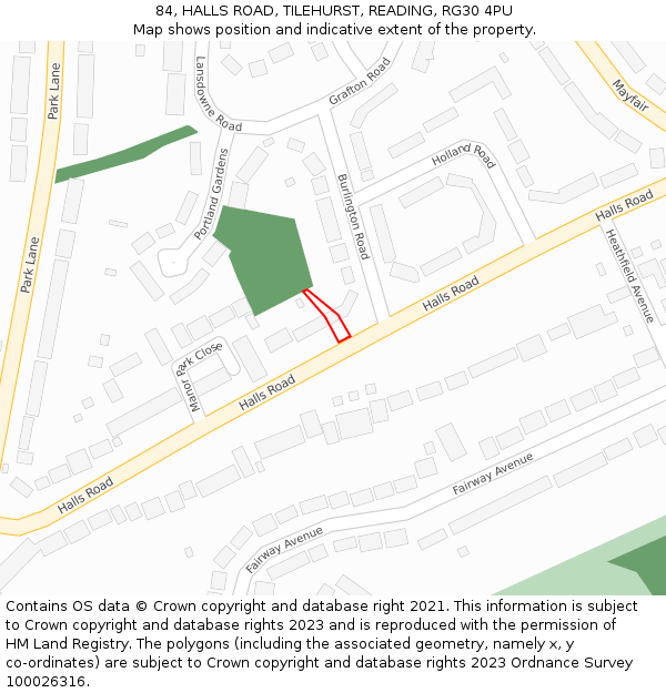 84, HALLS ROAD, TILEHURST, READING, RG30 4PU: Location map and indicative extent of plot