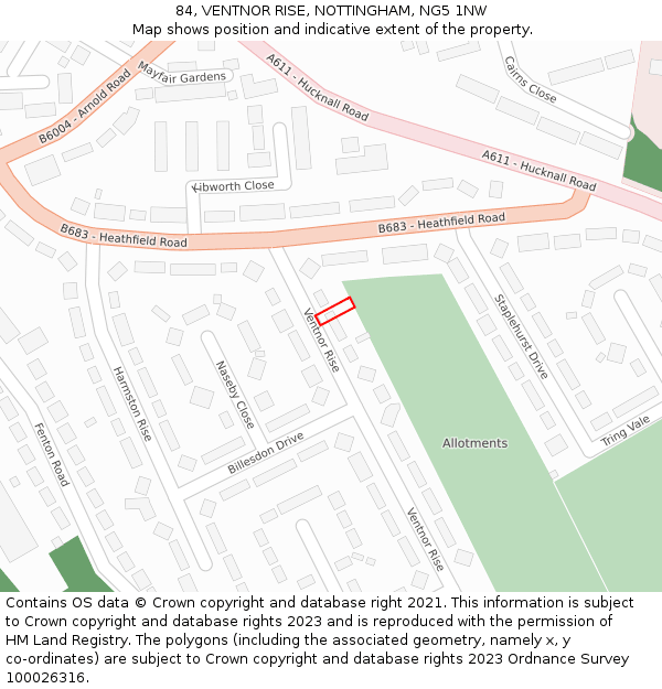 84, VENTNOR RISE, NOTTINGHAM, NG5 1NW: Location map and indicative extent of plot