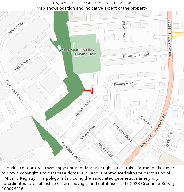 85, WATERLOO RISE, READING, RG2 0LW: Location map and indicative extent of plot
