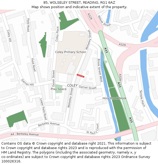85, WOLSELEY STREET, READING, RG1 6AZ: Location map and indicative extent of plot