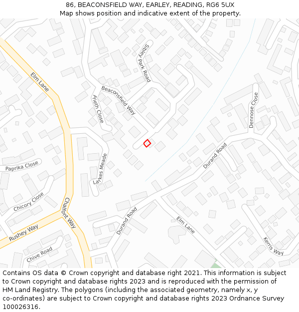 86, BEACONSFIELD WAY, EARLEY, READING, RG6 5UX: Location map and indicative extent of plot