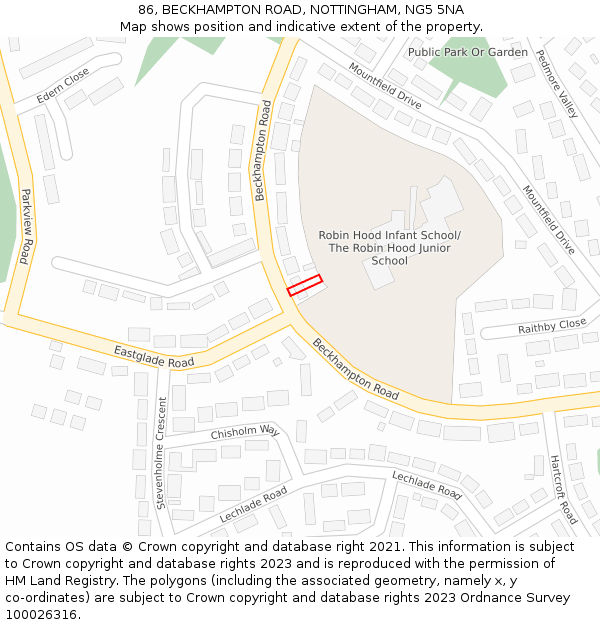 86, BECKHAMPTON ROAD, NOTTINGHAM, NG5 5NA: Location map and indicative extent of plot
