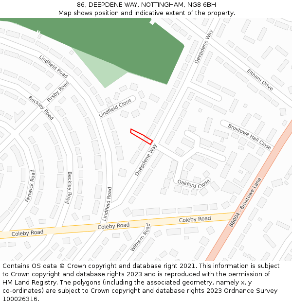 86, DEEPDENE WAY, NOTTINGHAM, NG8 6BH: Location map and indicative extent of plot